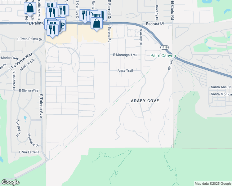 map of restaurants, bars, coffee shops, grocery stores, and more near 2169 Marabella Lane in Palm Springs