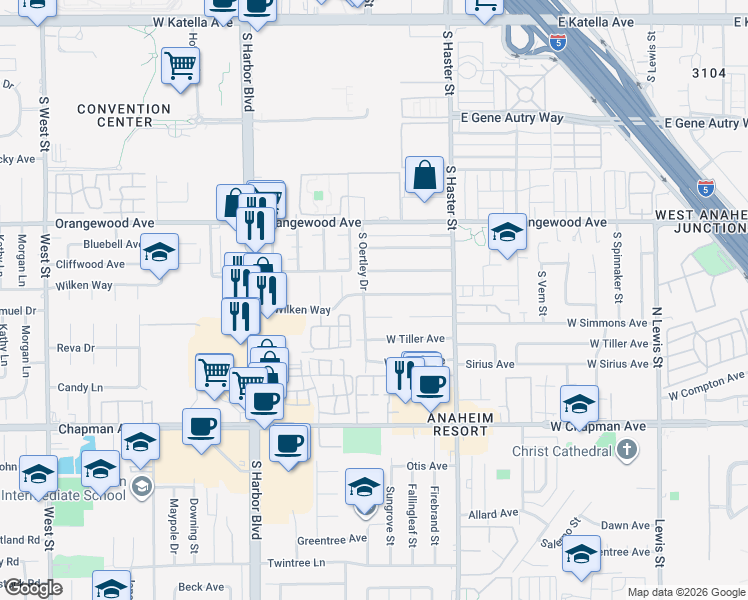 map of restaurants, bars, coffee shops, grocery stores, and more near 238 West Wilken Way in Anaheim