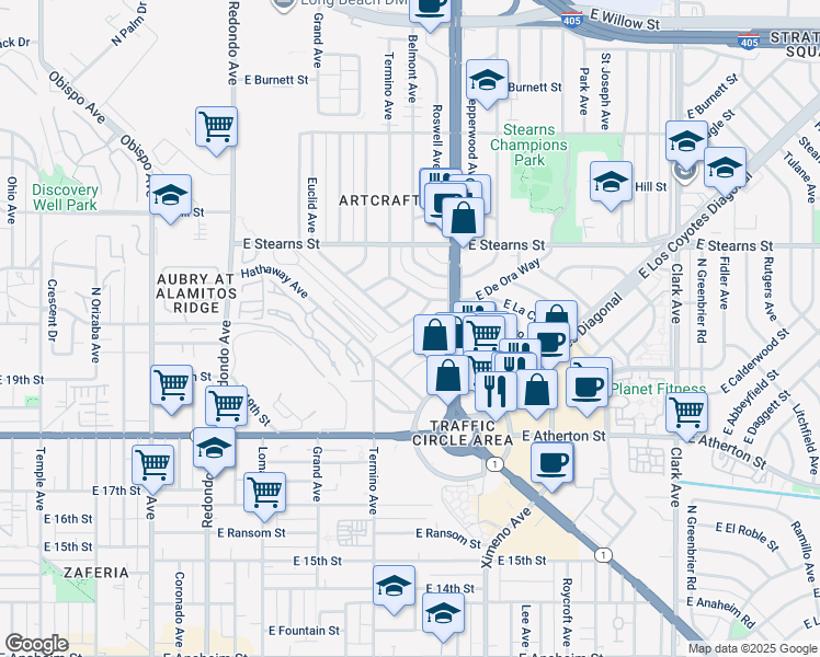 map of restaurants, bars, coffee shops, grocery stores, and more near 4080 East La Cara Street in Long Beach