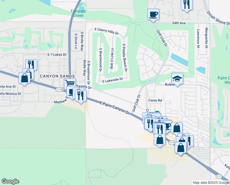 map of restaurants, bars, coffee shops, grocery stores, and more near 5300 East Waverly Drive in Palm Springs