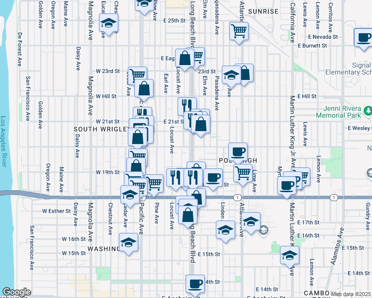map of restaurants, bars, coffee shops, grocery stores, and more near in Long Beach