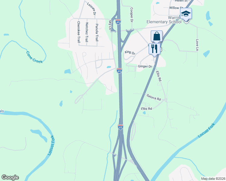 map of restaurants, bars, coffee shops, grocery stores, and more near 72 Ledlow Road in Warrior