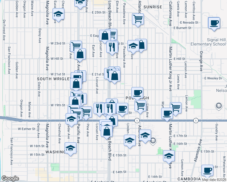 map of restaurants, bars, coffee shops, grocery stores, and more near 1990 Long Beach Boulevard in Long Beach
