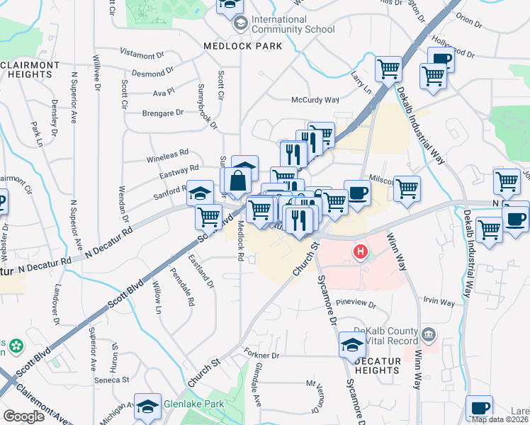 map of restaurants, bars, coffee shops, grocery stores, and more near 591 Scott Boulevard in Decatur