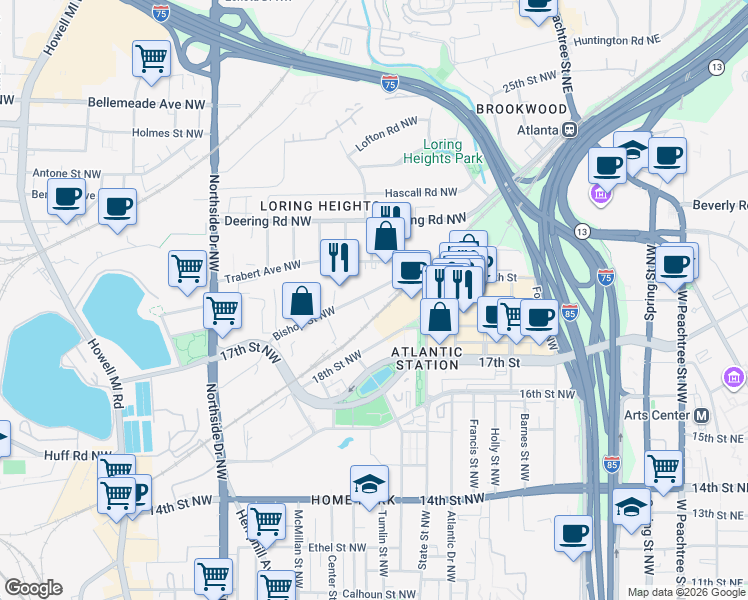 map of restaurants, bars, coffee shops, grocery stores, and more near 400 Bishop Street Northwest in Atlanta