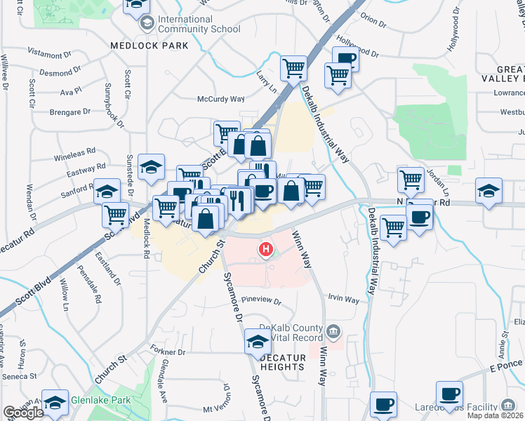 map of restaurants, bars, coffee shops, grocery stores, and more near 1591 Church Street in Decatur