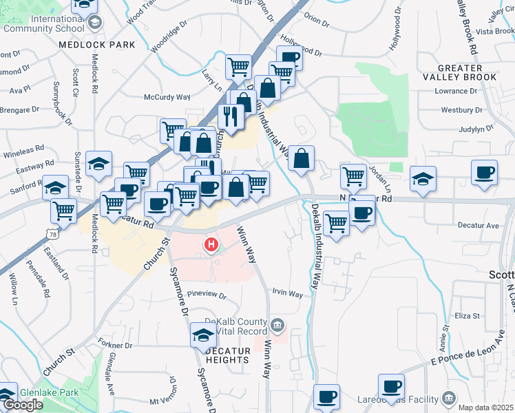 map of restaurants, bars, coffee shops, grocery stores, and more near North Decatur Lane in Decatur