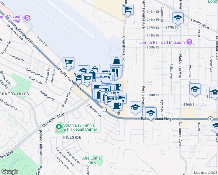 map of restaurants, bars, coffee shops, grocery stores, and more near 25352 Crenshaw Boulevard in Torrance