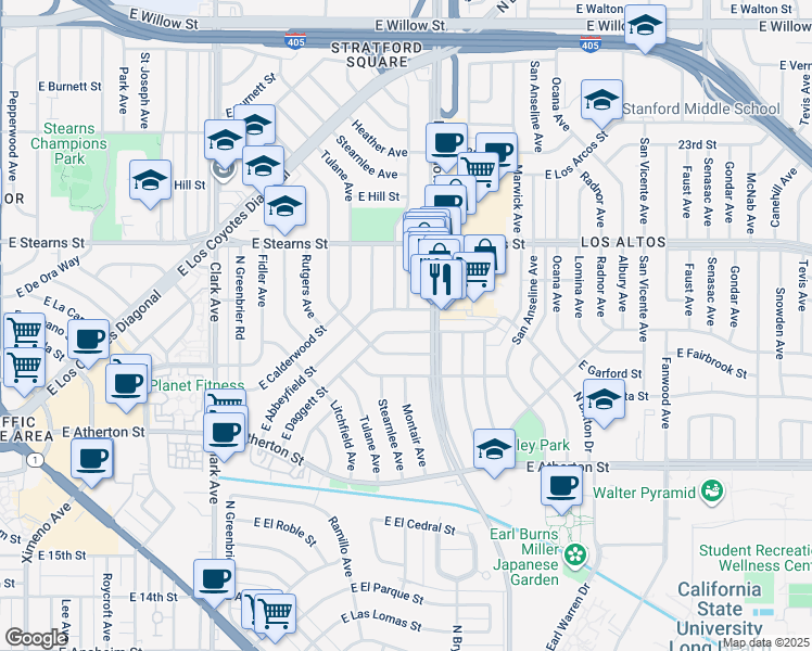 map of restaurants, bars, coffee shops, grocery stores, and more near 5451 East Daggett Street in Long Beach