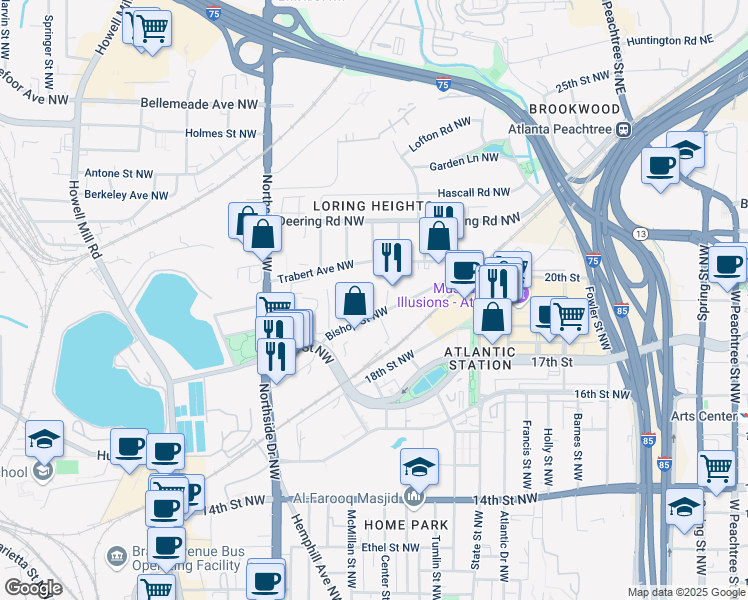 map of restaurants, bars, coffee shops, grocery stores, and more near 465 Bishop Street Northwest in Atlanta