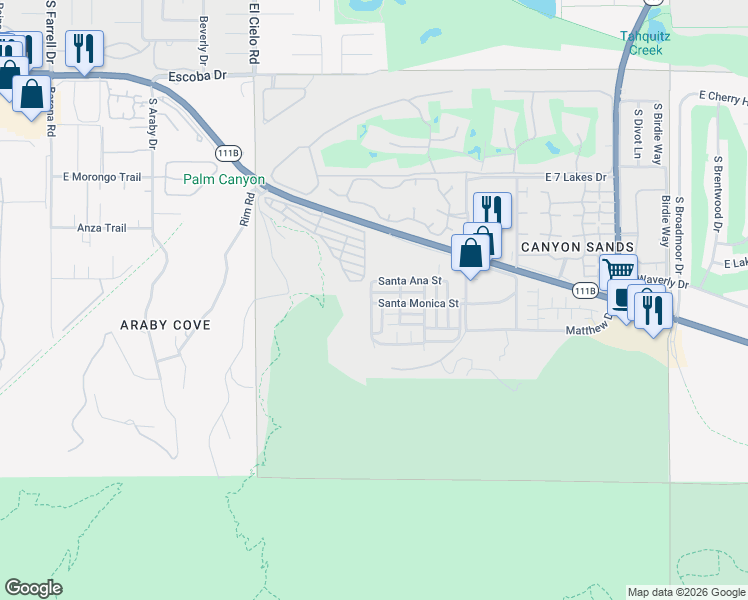 map of restaurants, bars, coffee shops, grocery stores, and more near 70 Santa Monica Street in Palm Springs