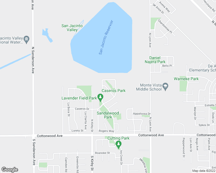 map of restaurants, bars, coffee shops, grocery stores, and more near 535 Montego Street in San Jacinto