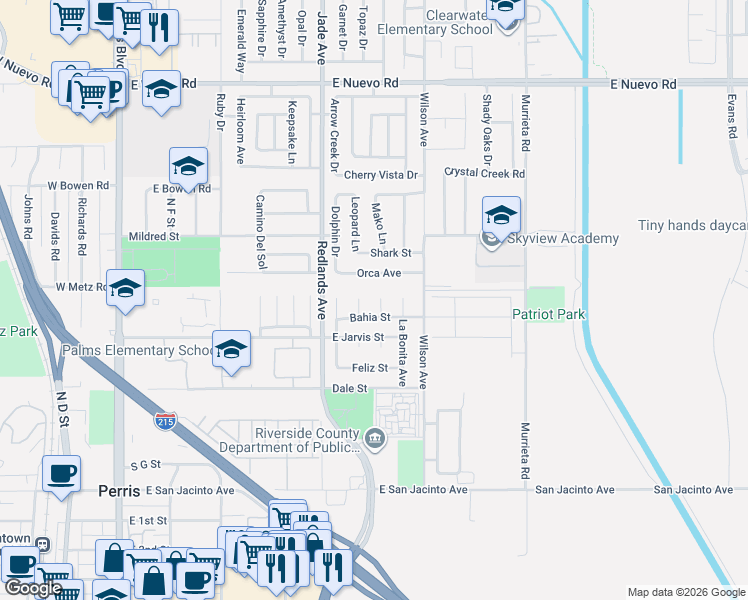 map of restaurants, bars, coffee shops, grocery stores, and more near 754 Manecita Circle in Perris