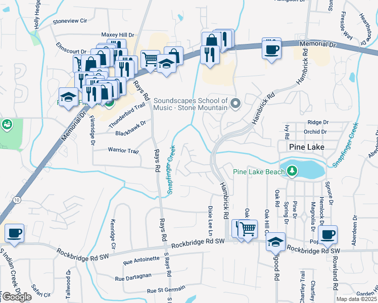map of restaurants, bars, coffee shops, grocery stores, and more near 596 Pawnee Court in Stone Mountain