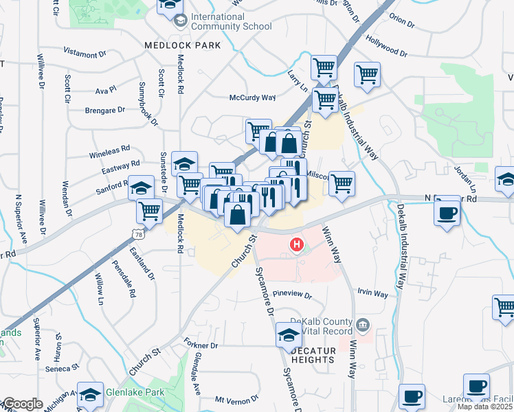 map of restaurants, bars, coffee shops, grocery stores, and more near 1580 Church Street in Decatur