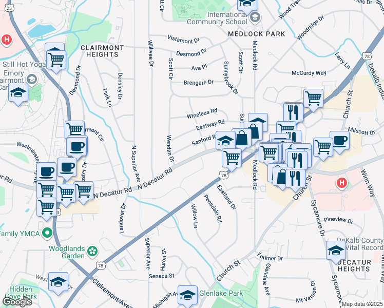 map of restaurants, bars, coffee shops, grocery stores, and more near 2386 North Decatur Road in Decatur