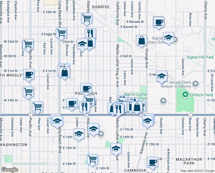 map of restaurants, bars, coffee shops, grocery stores, and more near 828 East 20th Street in Long Beach