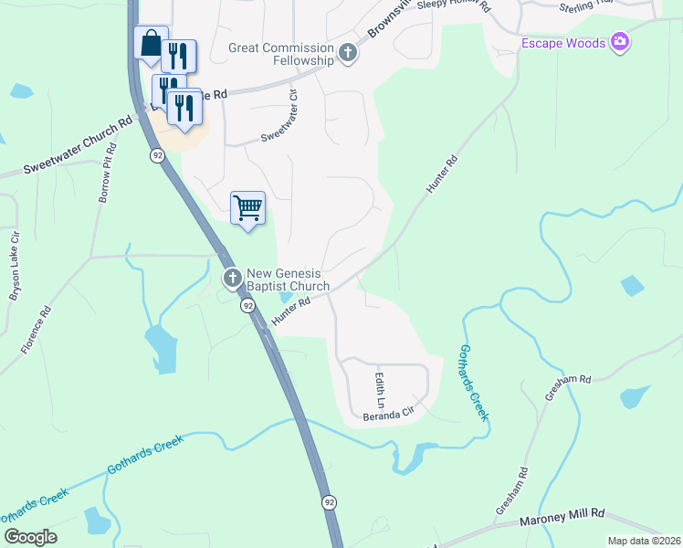 map of restaurants, bars, coffee shops, grocery stores, and more near 40 Mary Hill Way in Douglasville