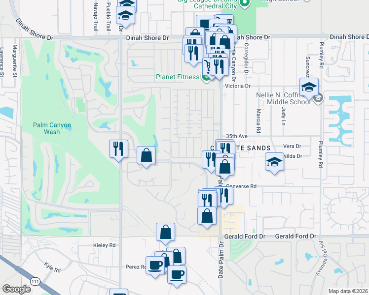 map of restaurants, bars, coffee shops, grocery stores, and more near 333 Coyote in Cathedral City