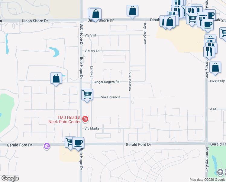 map of restaurants, bars, coffee shops, grocery stores, and more near 72170 Mesa Drive in Rancho Mirage