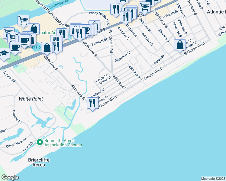 map of restaurants, bars, coffee shops, grocery stores, and more near 4613 Surf Street in North Myrtle Beach