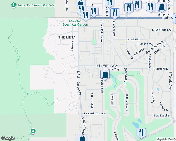 map of restaurants, bars, coffee shops, grocery stores, and more near 231 East La Verne Way in Palm Springs