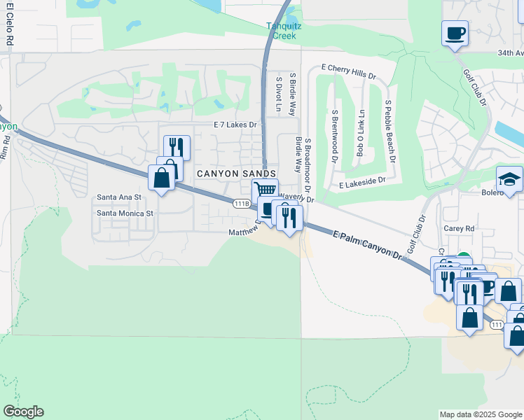 map of restaurants, bars, coffee shops, grocery stores, and more near 4601 Matthew Drive in Palm Springs