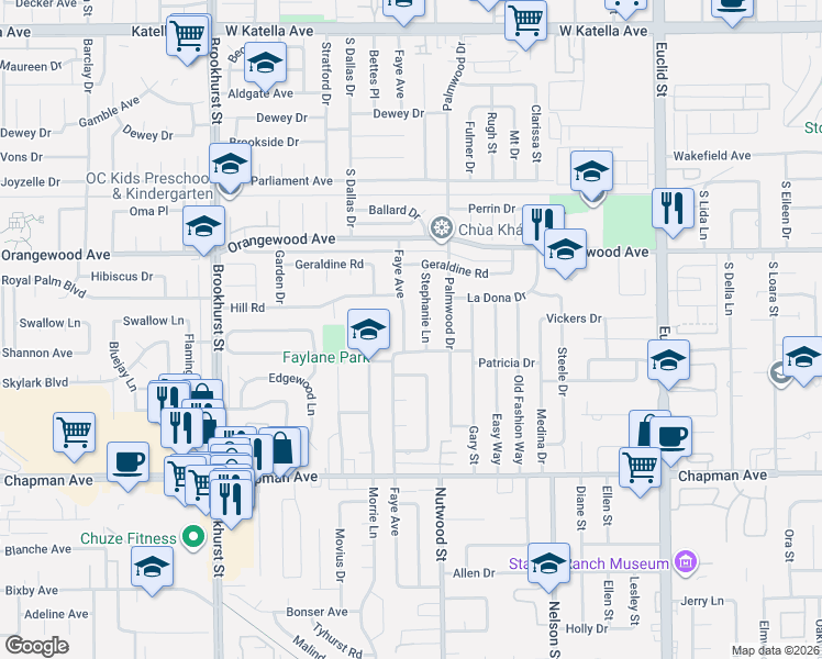map of restaurants, bars, coffee shops, grocery stores, and more near 11662 Faye Avenue in Garden Grove