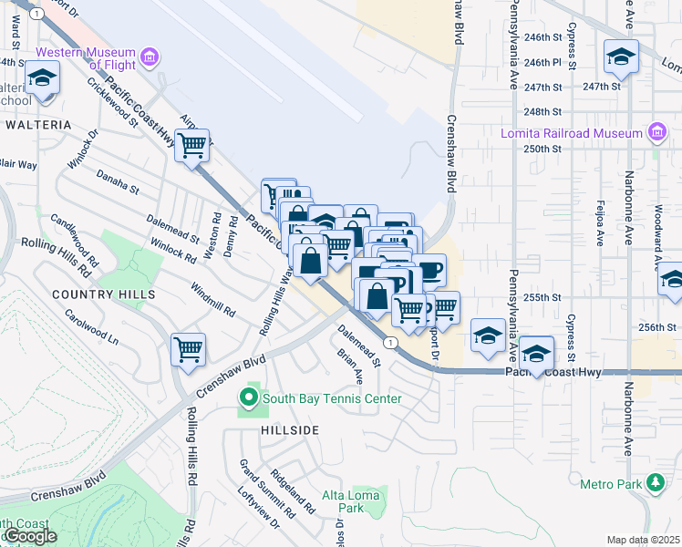 map of restaurants, bars, coffee shops, grocery stores, and more near 2755 Pacific Coast Highway in Torrance