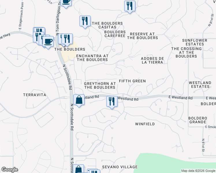map of restaurants, bars, coffee shops, grocery stores, and more near 7466 East Thorntree Drive in Scottsdale