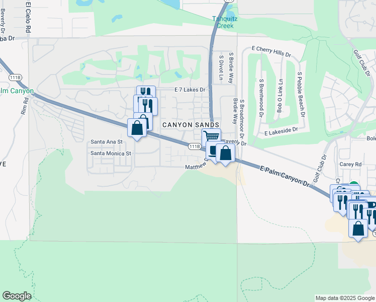 map of restaurants, bars, coffee shops, grocery stores, and more near 2632 Prairie Rose Lane in Palm Springs