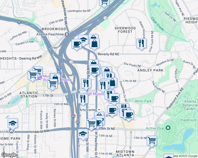 map of restaurants, bars, coffee shops, grocery stores, and more near 1420 Peachtree Street Northeast in Atlanta
