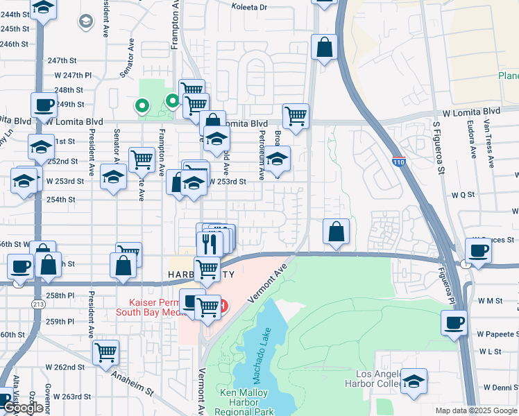 map of restaurants, bars, coffee shops, grocery stores, and more near 1061 Harbor Heights Drive in Los Angeles