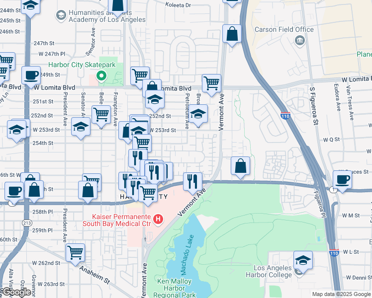 map of restaurants, bars, coffee shops, grocery stores, and more near 1061 Harbor Heights Drive in Los Angeles