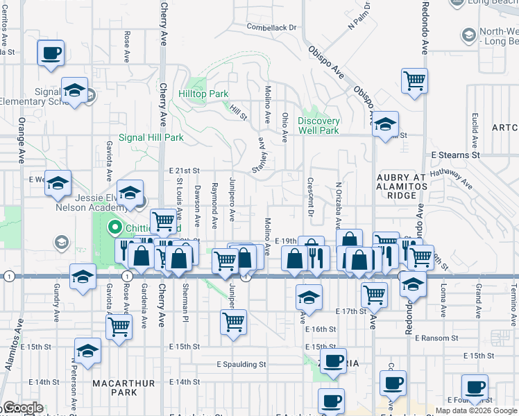 map of restaurants, bars, coffee shops, grocery stores, and more near 1994 Stanley Avenue in Signal Hill