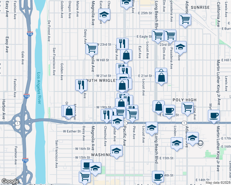 map of restaurants, bars, coffee shops, grocery stores, and more near 1996 Cedar Avenue in Long Beach