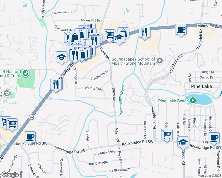 map of restaurants, bars, coffee shops, grocery stores, and more near 554 Rays Road in Stone Mountain