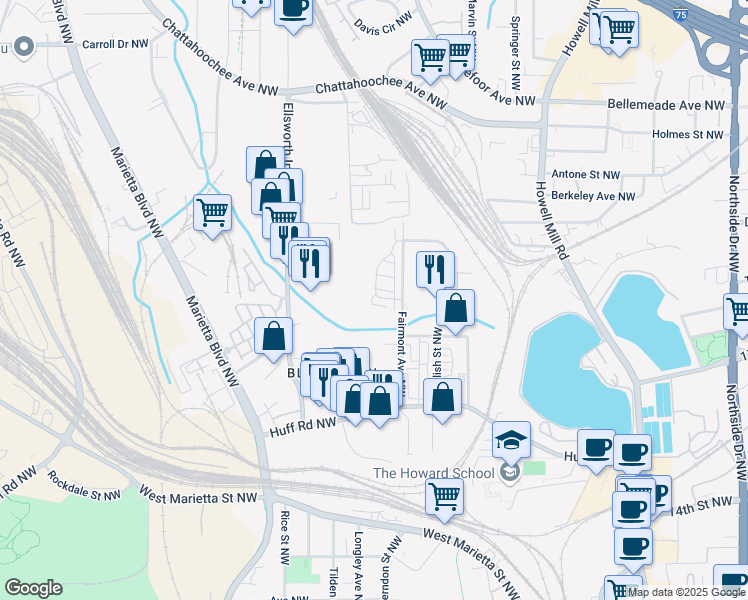 map of restaurants, bars, coffee shops, grocery stores, and more near 1419 Coretta Bend Northwest in Atlanta