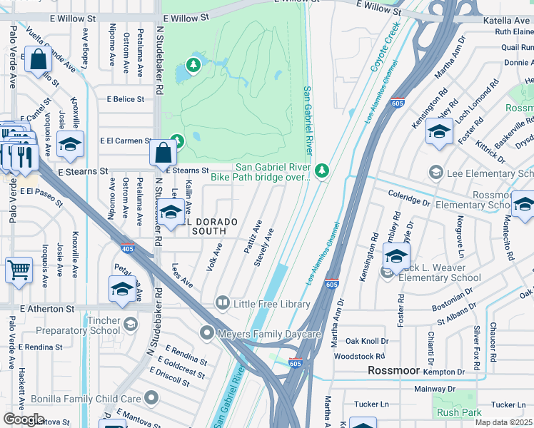 map of restaurants, bars, coffee shops, grocery stores, and more near 2054 Pattiz Avenue in Long Beach