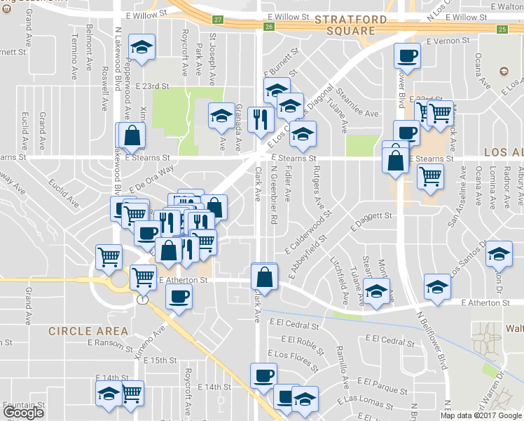 map of restaurants, bars, coffee shops, grocery stores, and more near 2046 Clark Avenue in Long Beach