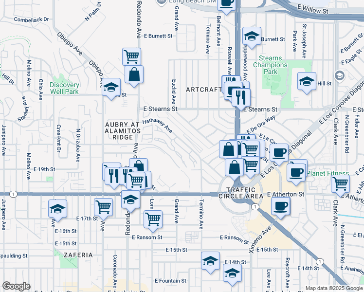 map of restaurants, bars, coffee shops, grocery stores, and more near 3608 Hathaway Avenue in Long Beach