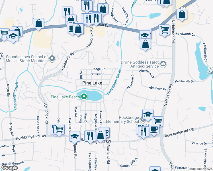 map of restaurants, bars, coffee shops, grocery stores, and more near 600 Spruce Drive in Pine Lake