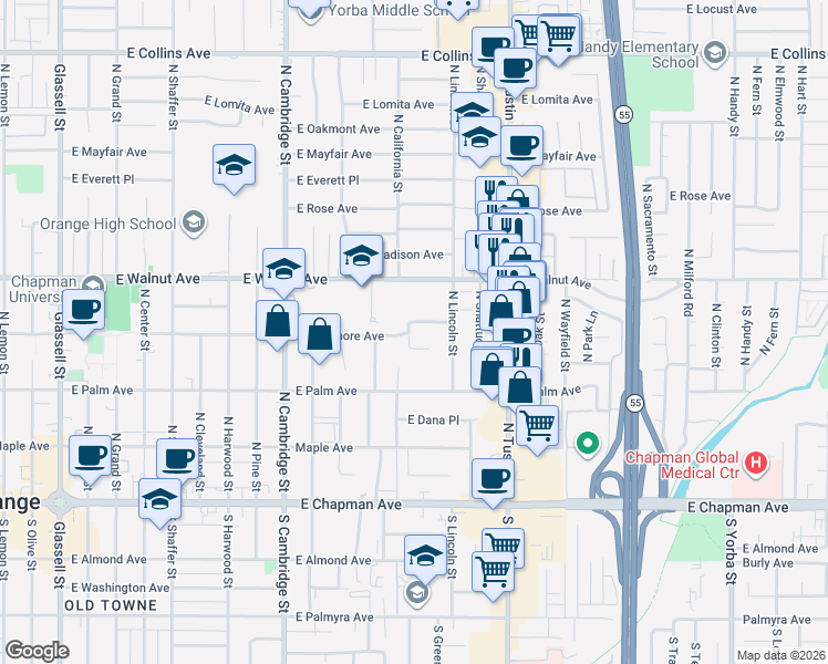 map of restaurants, bars, coffee shops, grocery stores, and more near 1245 East Sycamore Avenue in Orange