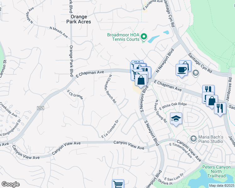 map of restaurants, bars, coffee shops, grocery stores, and more near 7341 East Saddlehorn Way in Orange