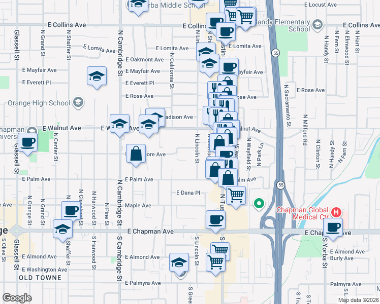 map of restaurants, bars, coffee shops, grocery stores, and more near 1404 East Sycamore Avenue in Orange