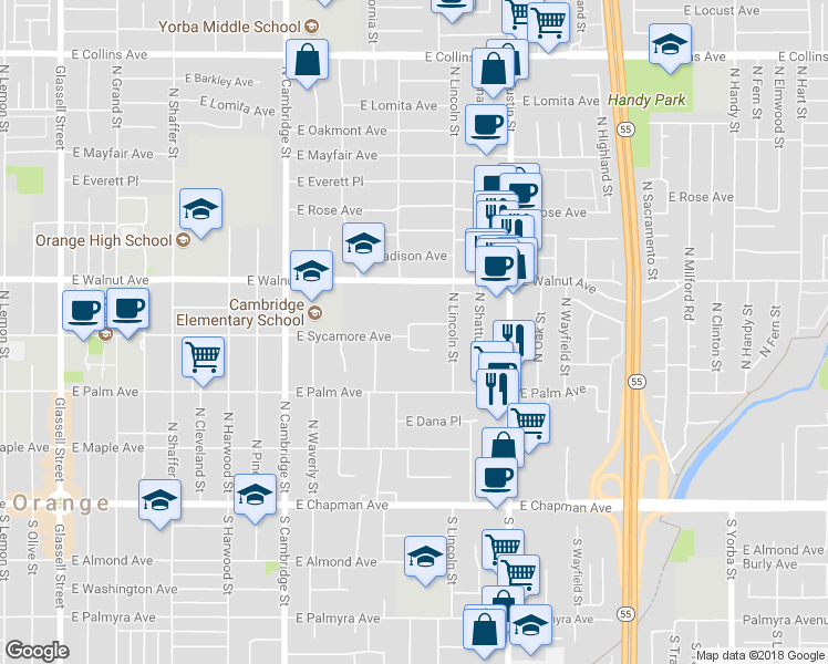 map of restaurants, bars, coffee shops, grocery stores, and more near 414 North California Street in Orange
