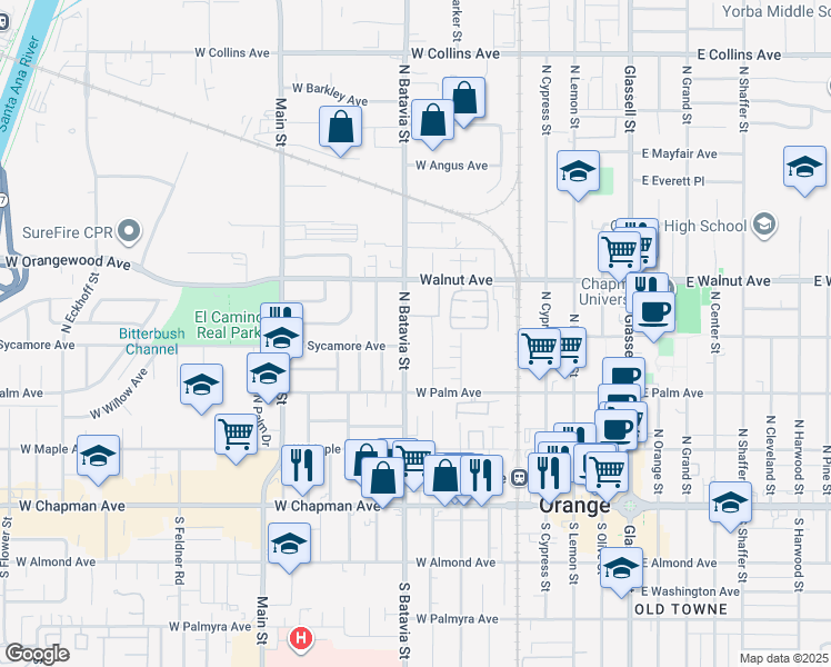 map of restaurants, bars, coffee shops, grocery stores, and more near 410 North Clark Street in Orange