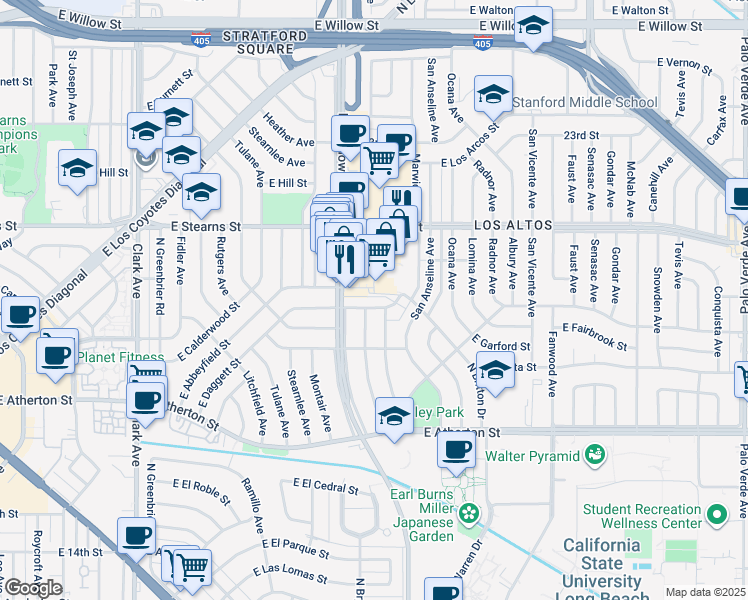 map of restaurants, bars, coffee shops, grocery stores, and more near 5549 East Daggett Street in Long Beach