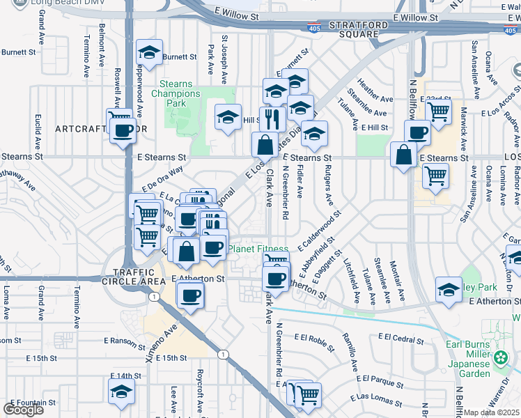 map of restaurants, bars, coffee shops, grocery stores, and more near 2046 Clark Avenue in Long Beach