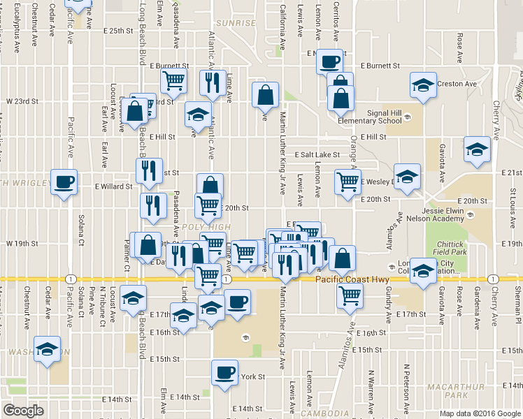 map of restaurants, bars, coffee shops, grocery stores, and more near 830 East 20th Street in Long Beach